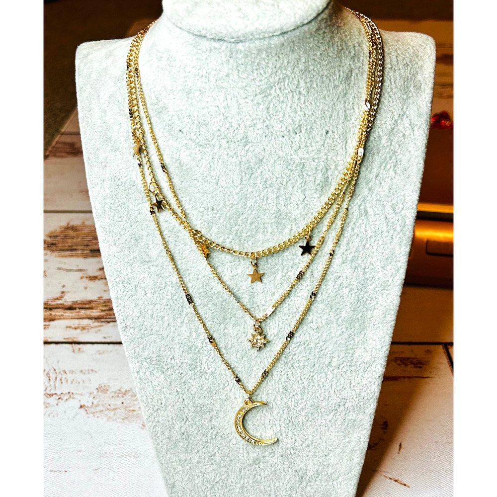 Gold Layered Celestial Moon Star Necklace Dainty Boho Jewelry